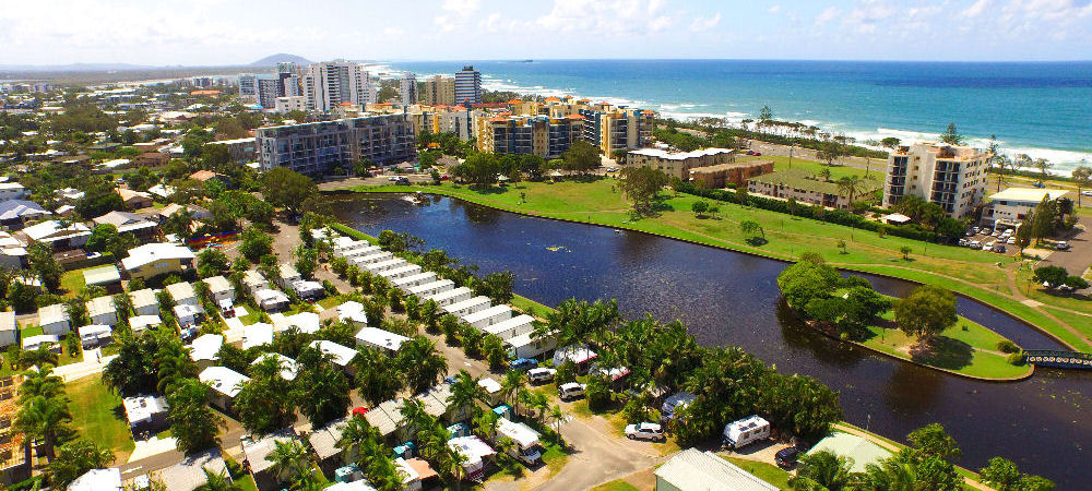 Ariel view of Alex Beach Cabins and Tourist Park, Family friendly accommodation on the Sunshine Coast